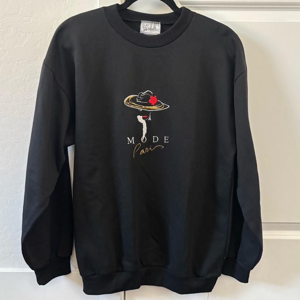 Rare Vintage DanHilo Paris Embroidered Artwork Black Sweatshirt